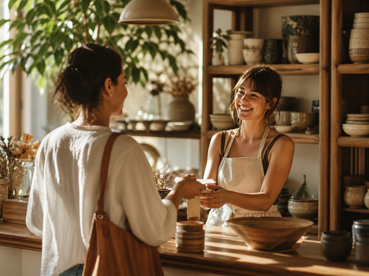Negócio local prosperando, cliente sendo atendida em loja