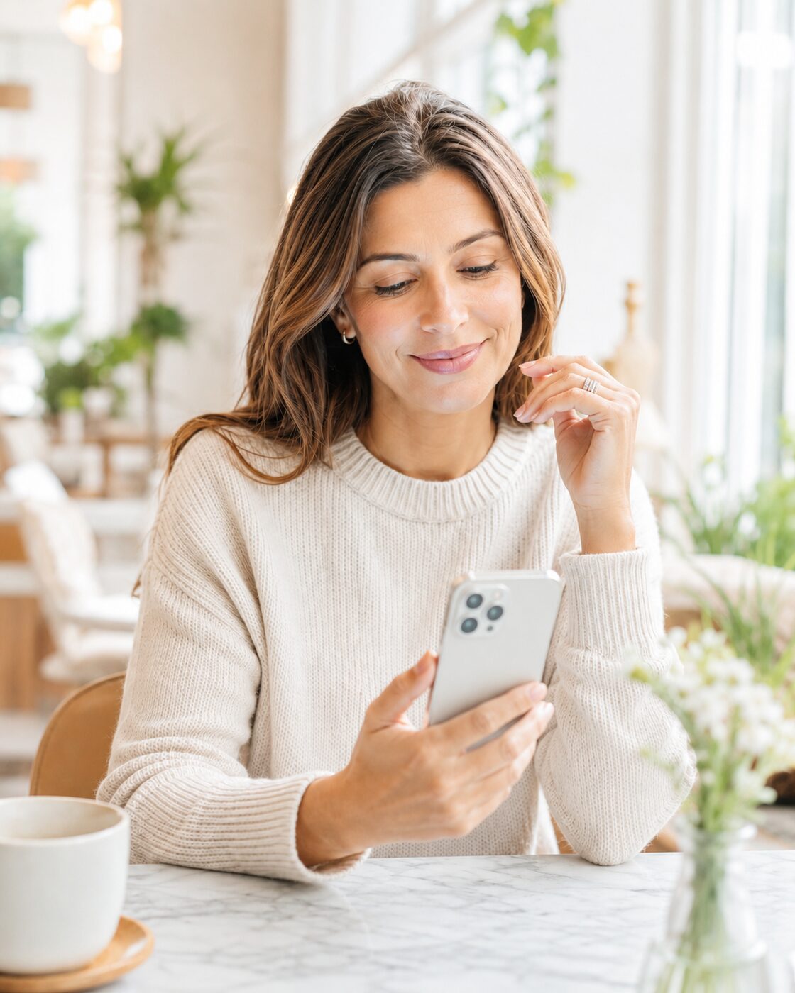Cliente sentada em um café, olhando com calma o celular na mão.