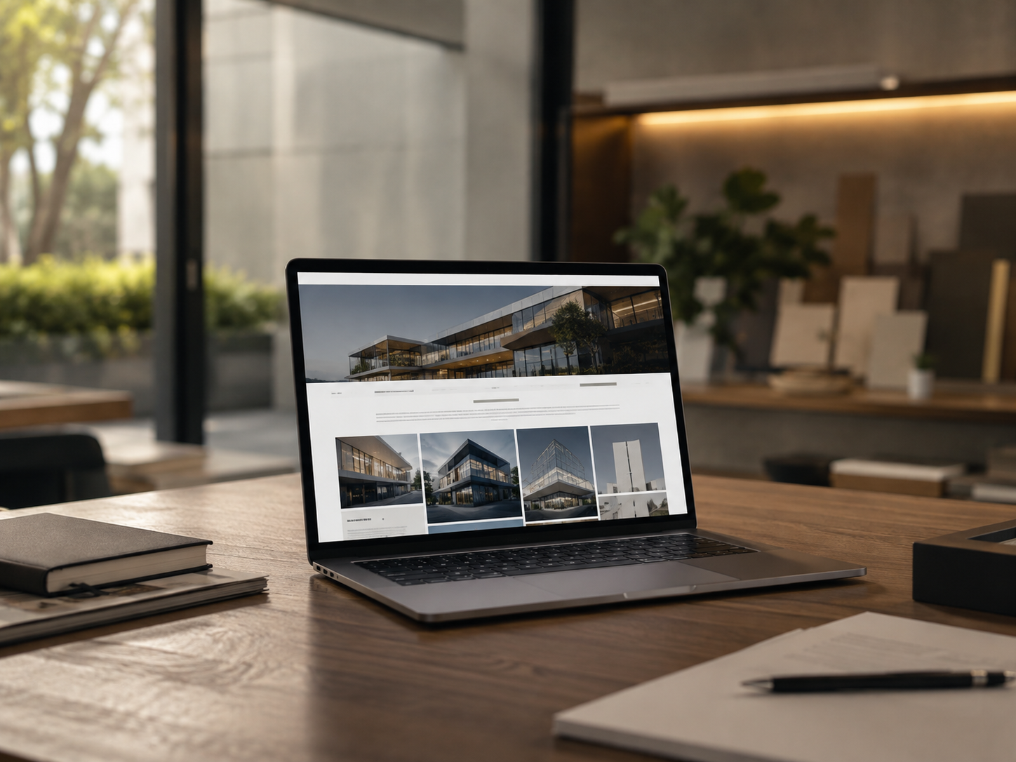 Notebook aberto sobre mesa de madeira exibindo um site institucional, em escritório com plantas ao fundo.