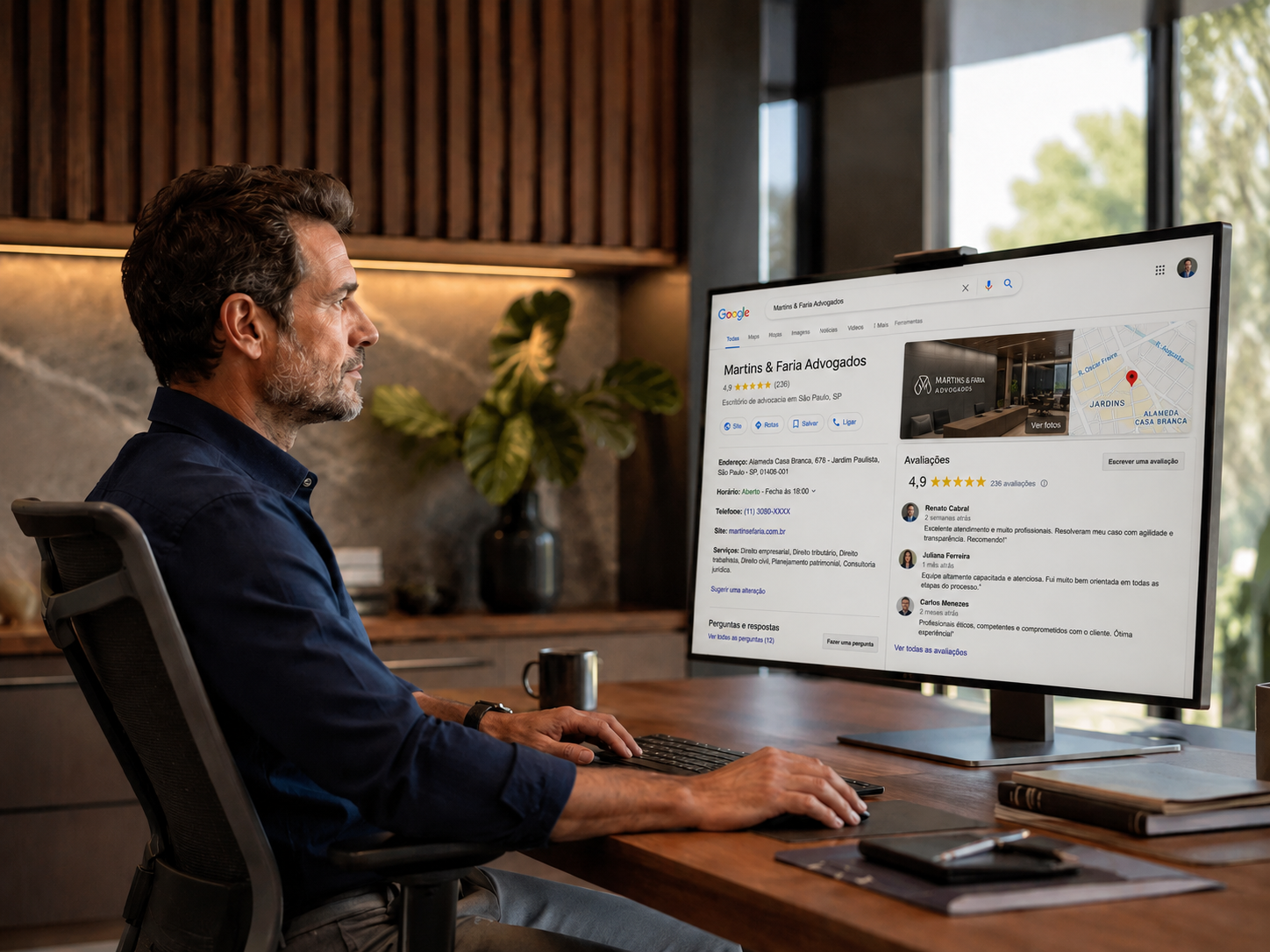 Homem sentado à mesa de trabalho diante de um monitor grande, em escritório com luz natural.