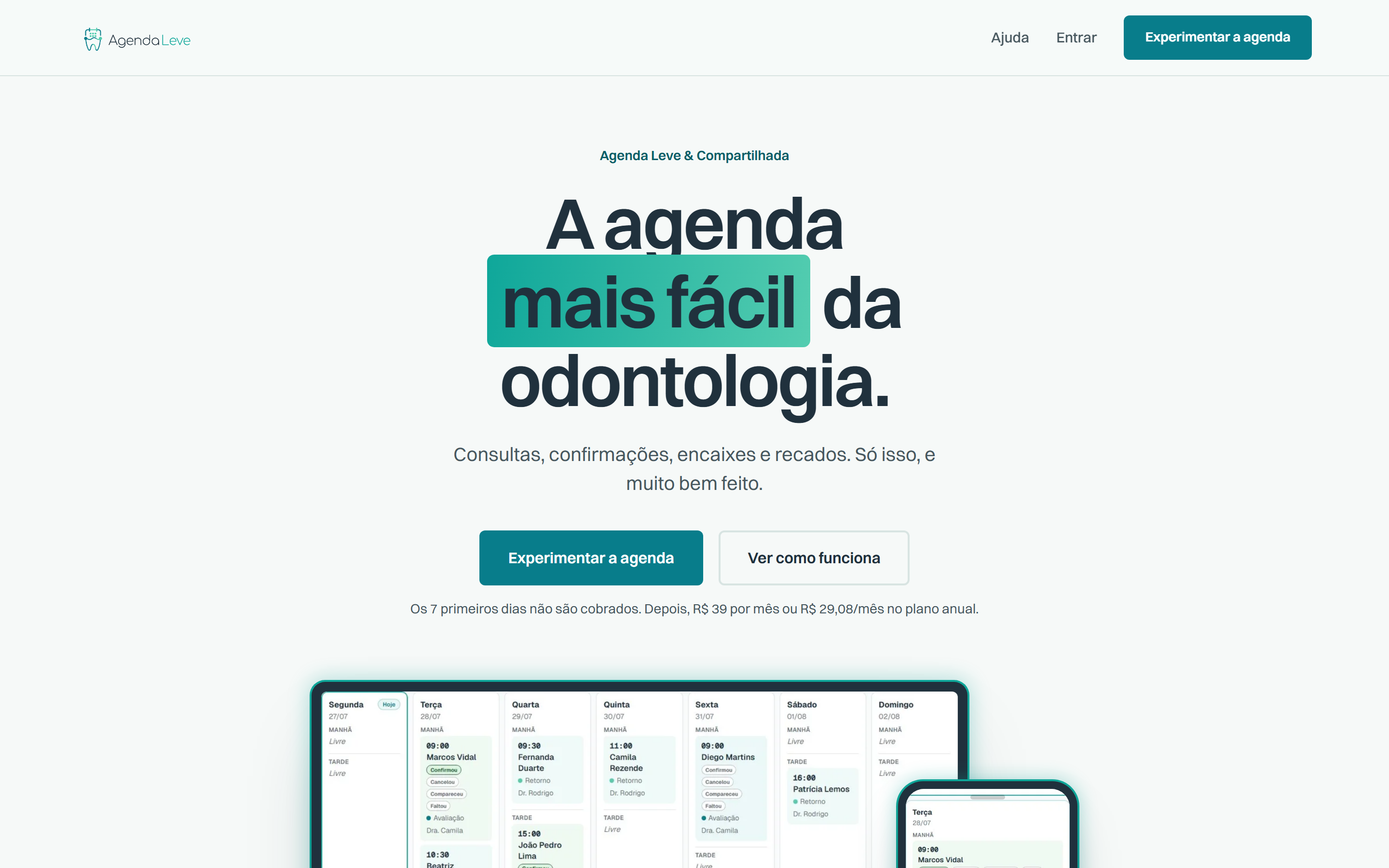 Página inicial do site do Agenda Leve, com o título A agenda mais fácil da odontologia e visualização da agenda semanal.