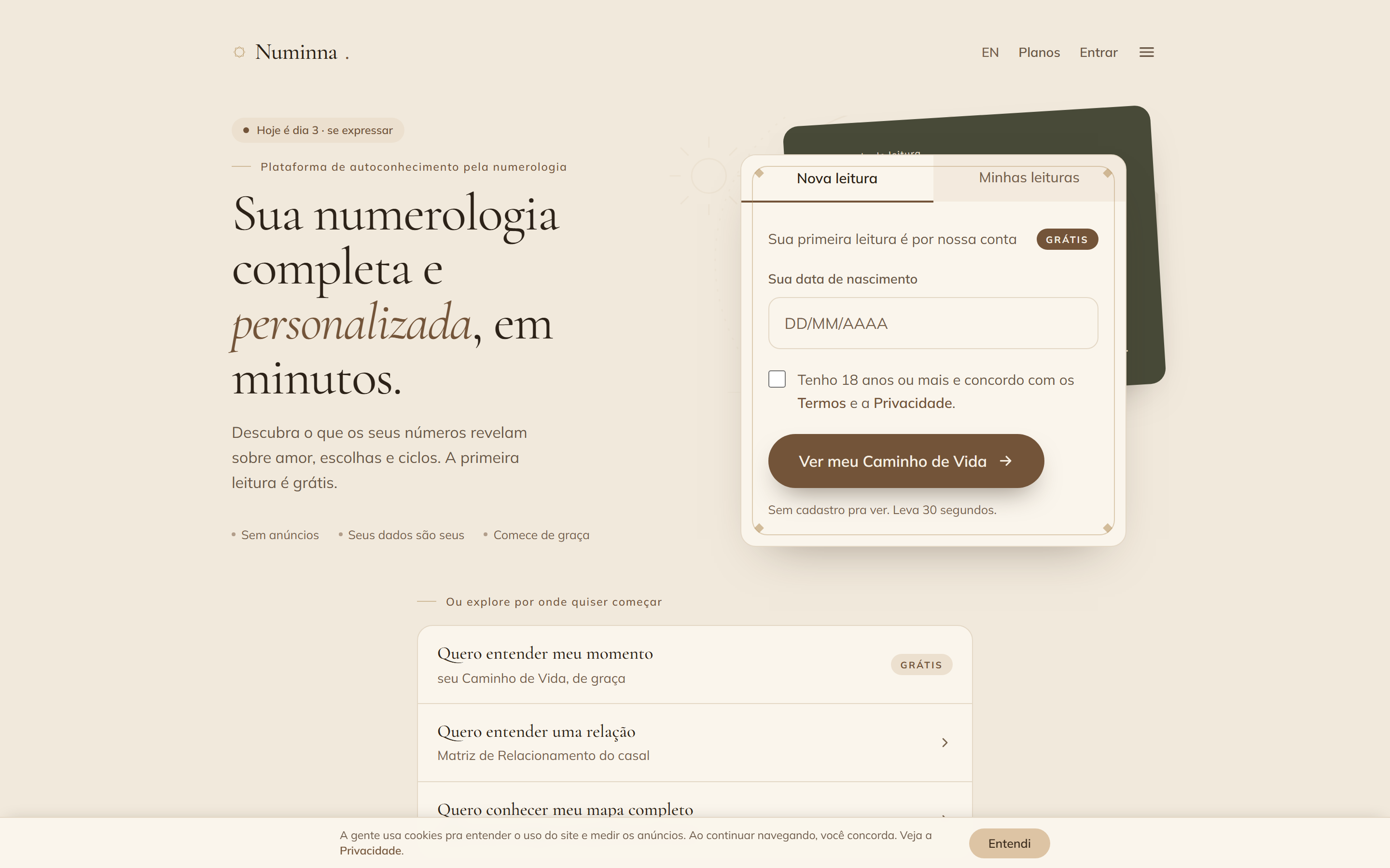 Página inicial do site da Numinna, plataforma de numerologia, com formulário de nova leitura por data de nascimento.
