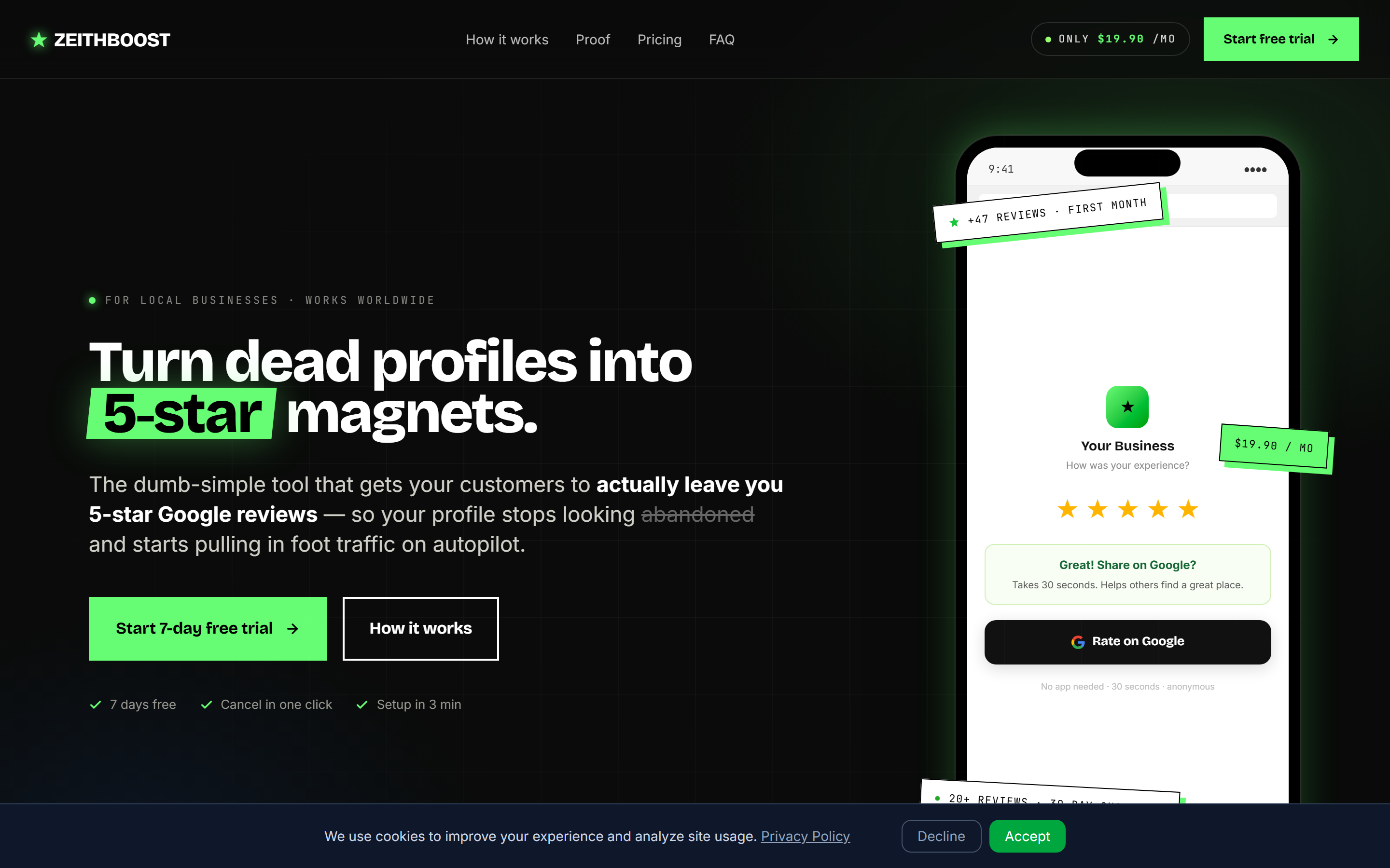 Página inicial do ZeithBoost, ferramenta de avaliações no Google, com o título Turn dead profiles into 5-star magnets e a tela do celular pedindo a avaliação.